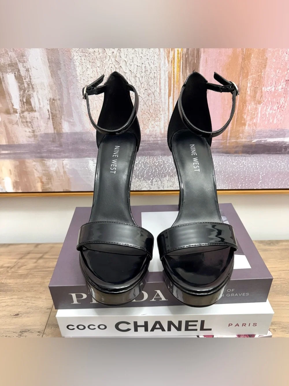 ❤️ Sexy Nine West Black Patent Platform Ankle Strap Stiletto Sandals